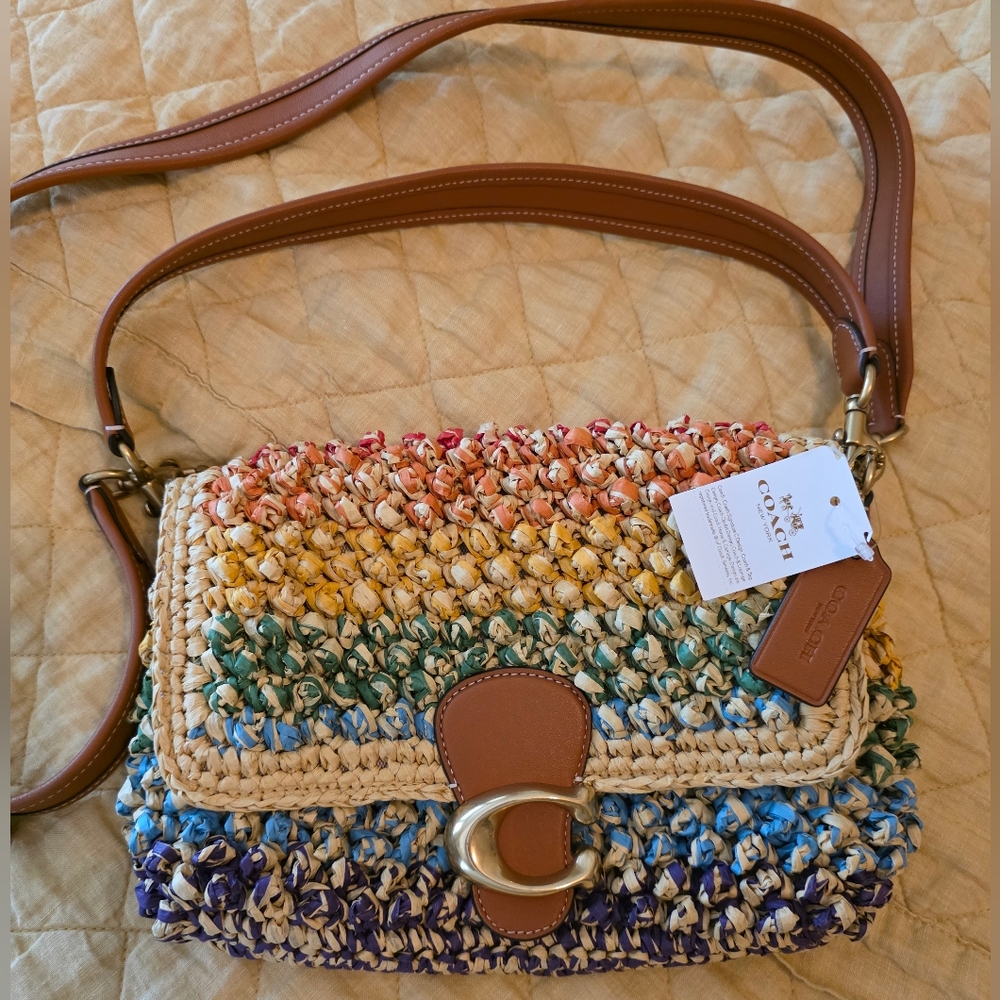 Coach Woven Raffia Tabby Shoulder Bag | Rainbow Straw & Tan Leather Trim 🌈